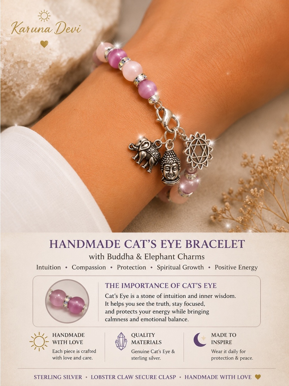 Quartz and Cat’s Eye Genuine Stone bracelet with sparkle
